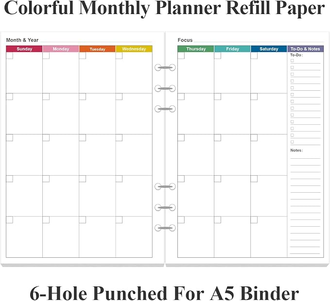 Monthly Planner Refills for A5 Binders - 53 Sheets/106 Pages Undated Colorful Monthly Planner, 6-Hole Punched, 100 gsm White Paper, Lasts 2 Year, Undated, 5.8" x 8.3"