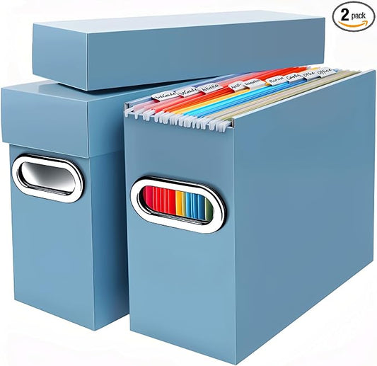 File Organizer Box with Lid & Handle, Thickened Cardboard Hanging File Folder Storage Boxes for Letter Size, Portable Filing Organizer for Office, Home, Classroom, Dusty Blue 2 Pack