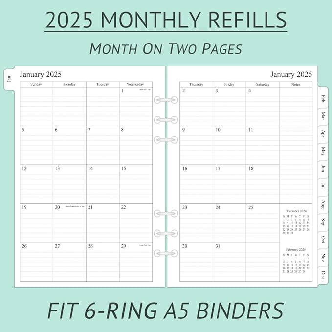 newestor 2025 Monthly Planner Refill for A5 Binder, Two Pages Per Month, Jan 2025 to Dec 2025, A5 Size, 6-Hole Punched