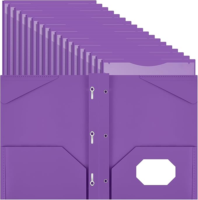 Henoyso 72 Pcs Plastic Folder with Clear Front Pocket and 3 Prong Plastic Folders with Card Slot Pocket Folders with Prongs for School Office (Purple)