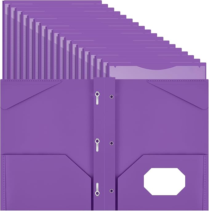 Henoyso 100 Pcs Plastic Folder with Clear Front Pocket and 3 Prong Plastic Folders with Card Slot Pocket Folders with Prongs for School Office (Purple)