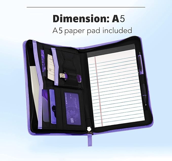 Lcjtop Junior Business Padfolio - A5 PU Leather Portfolio Binder & Zippered Binder Folder with 5 x 8 Writing Pad and Interior Storage Pocket Executive Business Organizer for Men Women,Purple