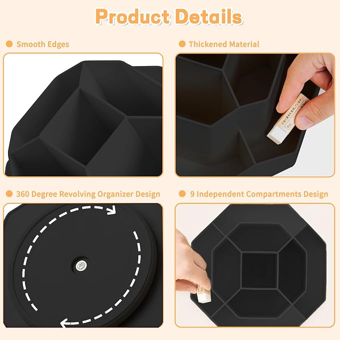 Cayxenful Pencil Pen Holder for Desk,9 Slots 360 Degree Rotating Desk Organizers,Desktop Storage Stationery Supplies Organizer, Cute Pencil Cup Pot For Office, School, Home(Black)