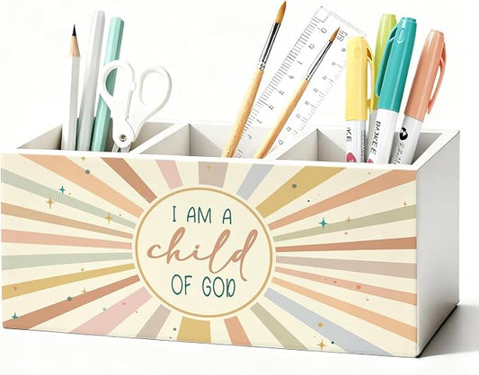 Boho Sunshine Christian Pen Holder, Christian Gifts Pencil Holder for Desk, I Am a Child of God Bible Verse Wooden Box Sign Decorations for Kids Nursery Room Bedroom Classroom Desk Tabletop