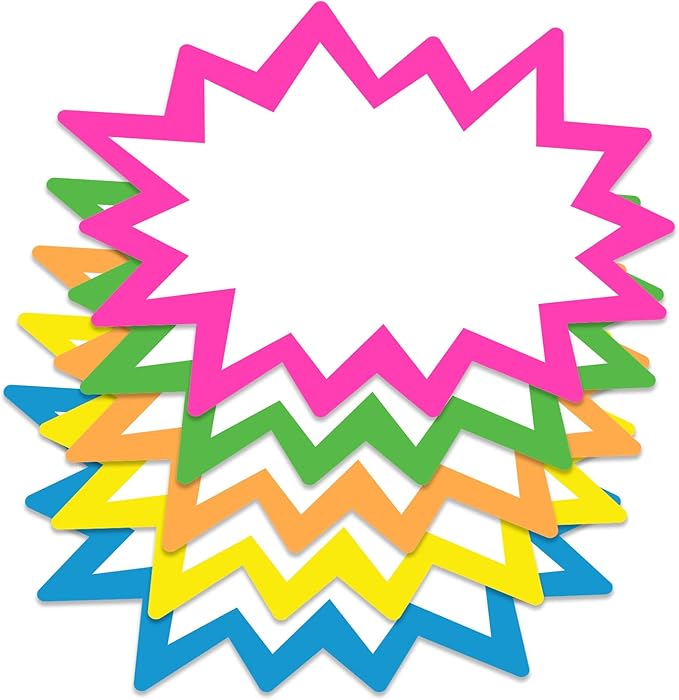 Starburst Signs with Stickers 300pcs | Price Tags for Yard, Estate, Garage Sale, Retail Store. 150pcs Cards & 150pcs Sticker Dots. Assorted Sizes 2x3, 3x5, 4x6 inch (Neon)