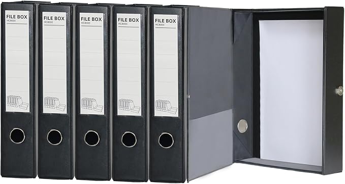 6 Pack Foldable A4 Box Files,Plastic Archive Folders,65mm Spine, Document Box for Office（Black）
