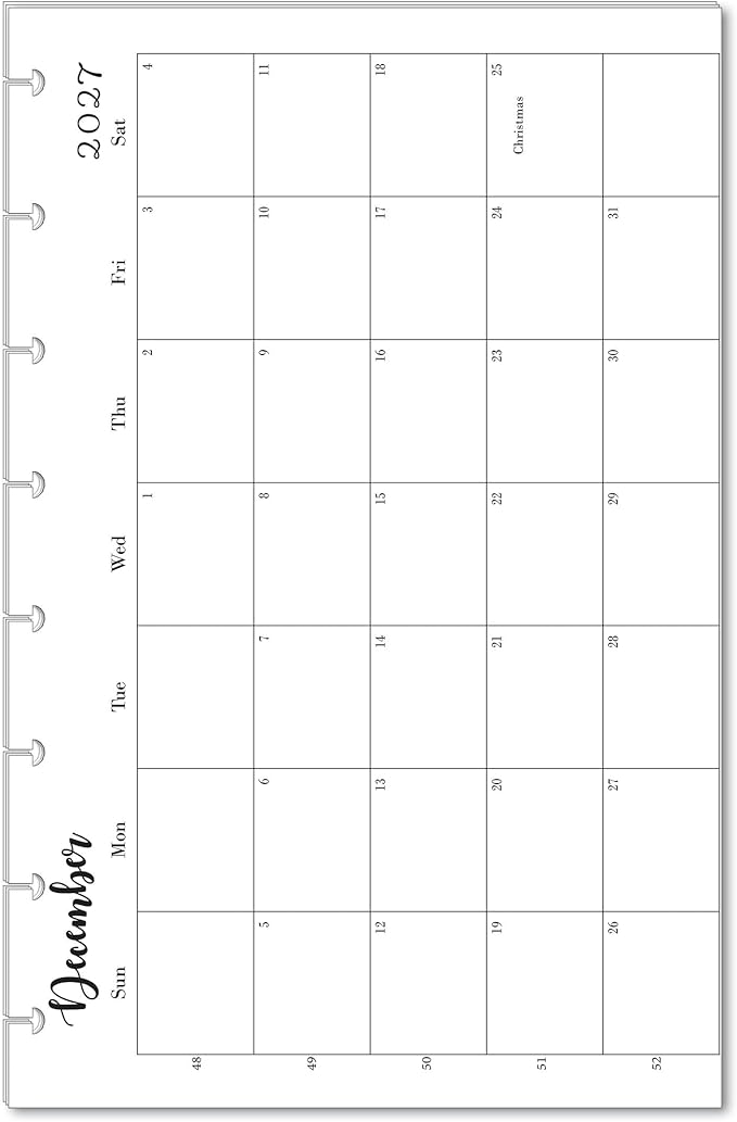 2027 Monthly Refills for 8-Disc Planners, Monthly Calendar for Junior (Half Letter) Size Planners (8-Disc)