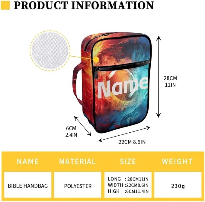 Coldinair Custom Bible Cover for Kids Boy Personalized Bible Case Bible Carrier Carrying Organizer Purse Handbag with Zipper Pockets Church Bag,Soccer Fire Flame