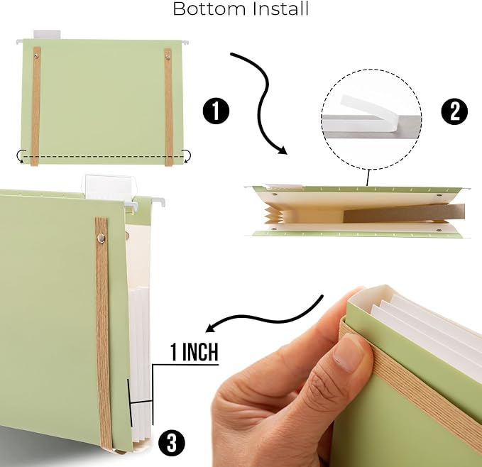 Y YOMA 6 Pack Extra Capacity Hanging File Folders with Handle Letter Size Accordion Decorative Reinforced File Folder Cute Colored Expandable Portable Folder with 1/5-Cut Adjustable Tabs, Leaf Green