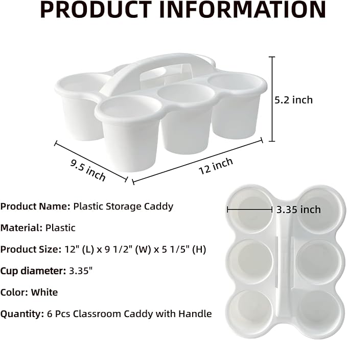 RAUVOLFIA 6 Pack Classroom Caddy Storage Basket with Handle, Plastic Drink Cup Caddy Holder, 6 Compartments for Kids, Table, Office, Arts, Crafts, Crayon, Marker, Pencil, School Supplies (White)