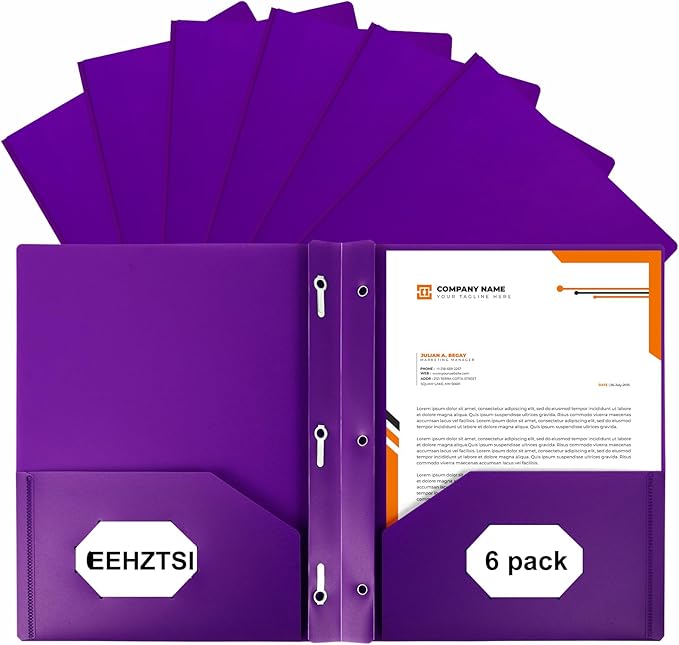 6-Pack Plastic Folders with Pockets and Prongs,2-Pocket Folders with 3 Fasteners, Holds 8-1/2" x 11" Paper for School/Office/Home, Purple