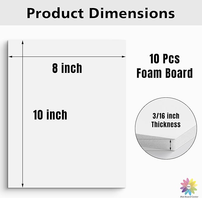Mat Board Center Premium White Foam Core Board - 8x10 Inches, 3/16 Thick - 10 Pack, Acid-Free - Ideal for Mounting, Crafts, Art, and Presentations