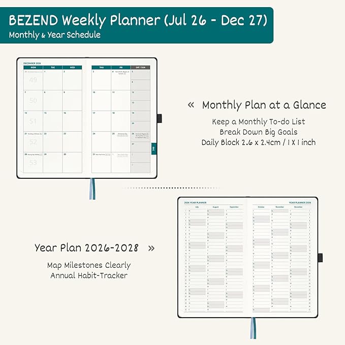 BEZEND Pocket Planner 2026-2027 Weekly Monthly (3.5" x 6") 2-Column Dual Schedule for Work/School/Home or 2 Person (Jul 26-Dec 27) 18 Months Small Academic Calendar, PU Leather Hardcover -Dutch Blue
