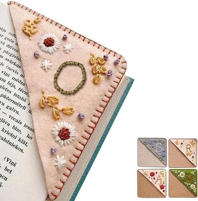 Personalized Hand Embroidered Corner Bookmark, 26 Letters Cute Flower Embroidered Corner Bookmark Embroidery Book Marker Clip for Book Lovers Bookmarks for Reading Lovers Meaningful GIF (Spring, O)