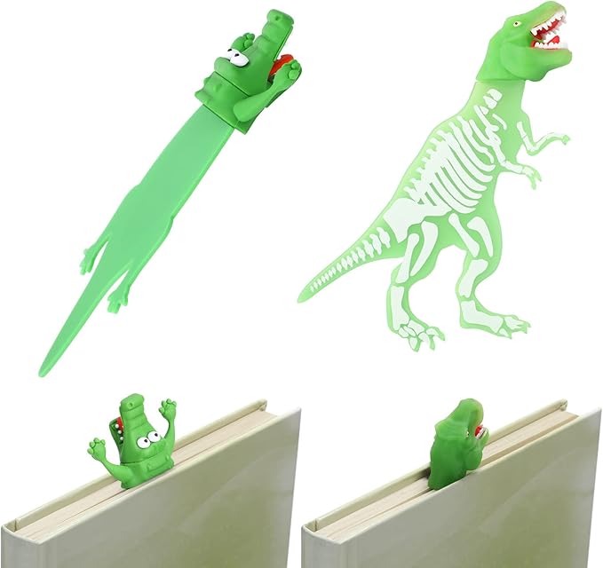 2 Pieces Shark Bookmark for Kids Boys Dinosaur Giant Cool Childrens 3D Luminous Cartoon Animal Bookmark, School Supplies(Luminous Crocodile and Dinosaur)