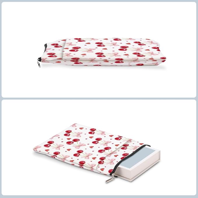 Cherry Bows Decor Book Lovers Gifts Waterproof Book Sleeve Books Pouch Books Protector with Zipper and Front Pocket Bookish Gifts Cover Case for Women Girl Friend Reader Reading Accessories
