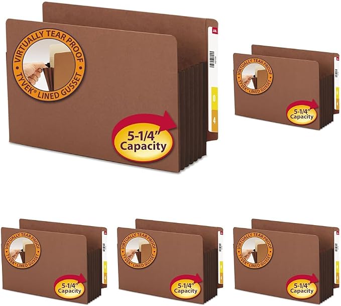 Smead End Tab Pocket, Reinforced Straight-Cut Tab, 5-1/4" Expansion, Extra Wide Legal Size, Redrope with Dark Brown Gusset, 10 per Box (74691) (Pack of 5)