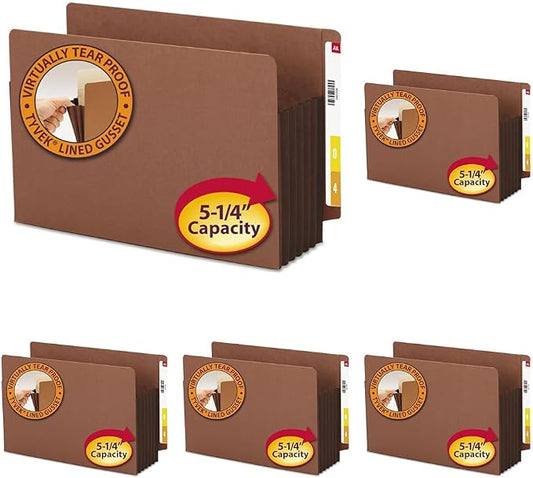 Smead End Tab Pocket, Reinforced Straight-Cut Tab, 5-1/4" Expansion, Extra Wide Legal Size, Redrope with Dark Brown Gusset, 10 per Box (74691) (Pack of 5)
