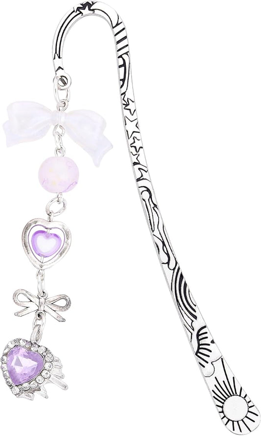 Charm Metal Bookmark Gifts - Purple Crystal Heart Cute Bookmarks Unique Y2k Beads Aesthetic Page Marker for Reading Lovers Women Girls Bookish Accessories Birthday Students Teachers School