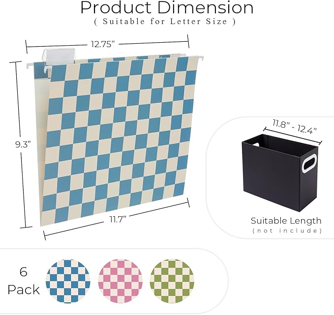 Y YOMA 6 Pack Decorative Hanging File Folders Letter Size Checkerboard Hanging Folder Pretty File Folder Organizer for Filing Cabinet Office Home with 1/5-Cut Adjustable Tabs, Peaceful Color