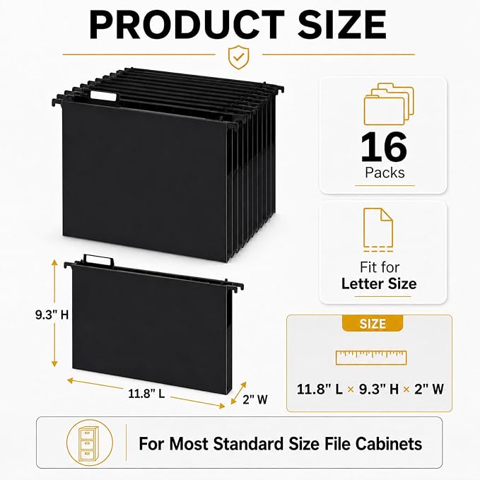gisgfim 16 Pack Plastic Hanging File Folder Letter Size 2inch Expanding File Folders with Tabs Extra Capacity Hang Folders Heavy Duty for Filing Cabinet Designed for Bulky Files, Black