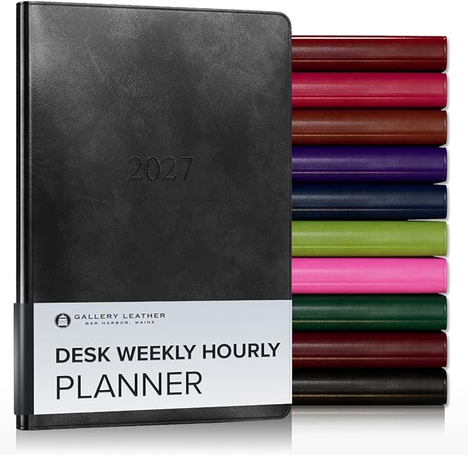 Gallery Leather Desk Hourly Weekly Monthly Planner 2027, Elegantly Bound Calendar Planner and Notebook with Stylish Gold-Gilded Page Edges, 12 Months - Acadia Black - 8x5.5"