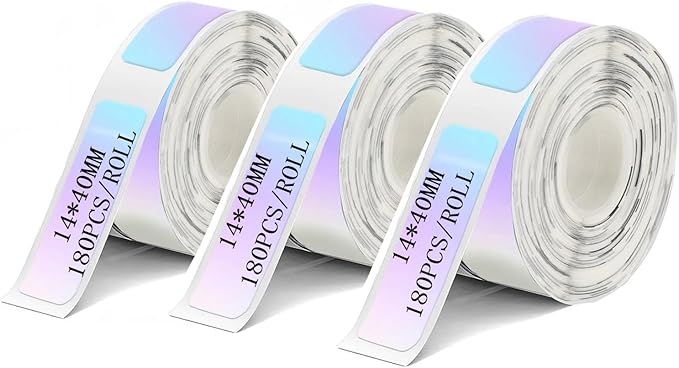 3 Rolls Compatible with D30/P11/HP1 Label Tapes, Multicolor Holographic Thermal Paper, 14 x 40 mm, Waterproof self-Adhesive Label Tapes, Suitable for Office and Other scenarios (180 Labels per roll)