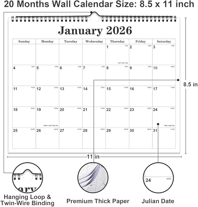Calendar 2026 - Calendar 2026-2027 from January 2026 to June 2027, Spiral Binding Hanging Wall Calendar 2026 for Home/Office, 8.5" x 11", Black