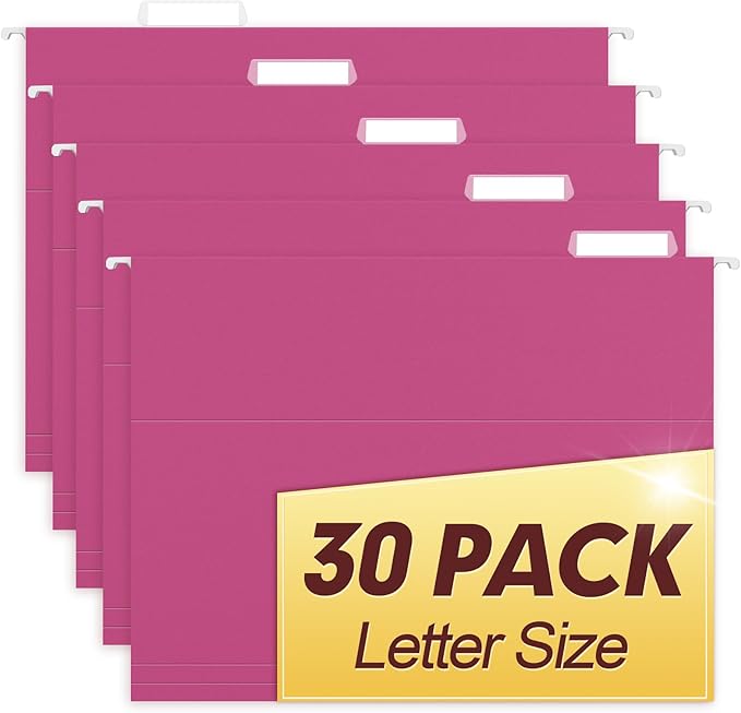 HERKKA Hanging File Folders, 30 Pack Reinforced Letter Size Hanging Folders, Designed for Bulky Files, Filing Cabinet, 1/5-Cut Adjustable Tabs (Pink)
