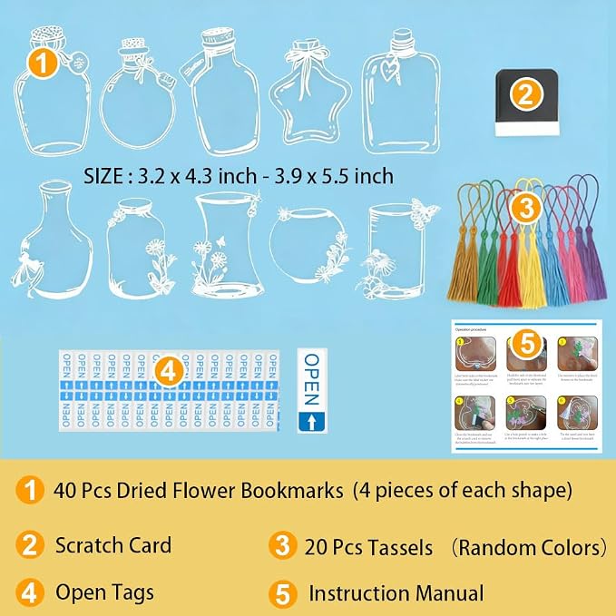 YCOSAN 62 Pcs Dried Flower Bookmark Kit, DIY Transparent Thousand Flower Bookmarks, Handmade Clear Bookmark Page
