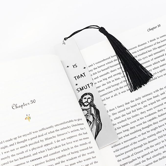 Peeking Jesus is that Smut?Bookmark Inscribed with Hilarious Text and Tassels for Book Lovers,Funny Bookmarks for Adults Humor(Metal Black)