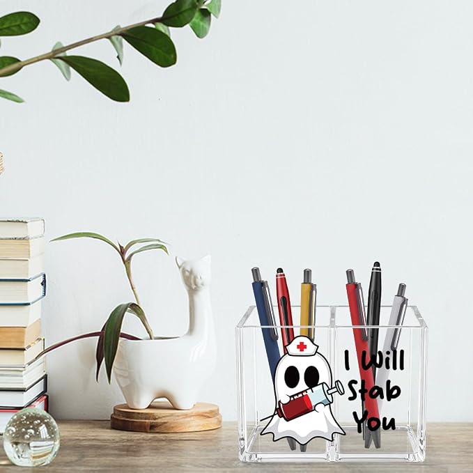 I Will Stab You Acrylic Cosmetic Pencil Pen Holder Funny Nurse Pen Holder Cup Cute Ghost Gifts for Nursing Graduation Women Girl Decor for Medical Office Desk Accessories