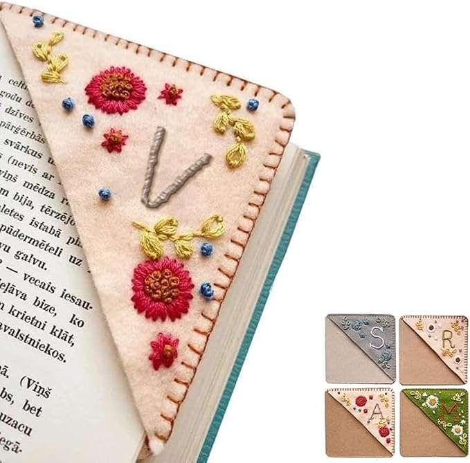 Personalized Hand Embroidered Corner Bookmark, 26 Letters Cute Flower Embroidered Corner Bookmark Embroidery Book Marker Clip for Book Lovers Bookmarks for Reading Lovers Meaningful GIF (Fall, V)