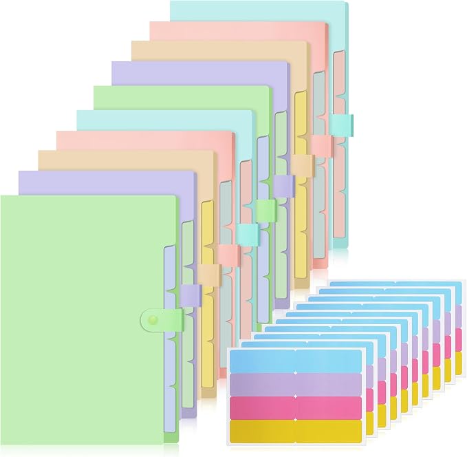 Kosiz 10 Packs Expanding File Folders with 5 Pockets, A4 Letter Size Cute Folders for Documents, File Document Organizer with 80 Pcs File Folder Labels for Document School Office Supplies