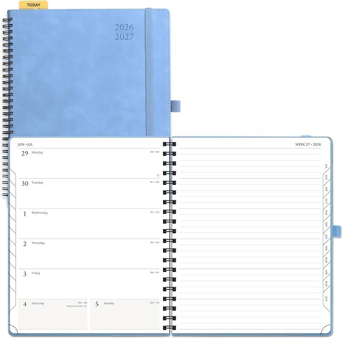 POPRUN Weekly Planner 2026-2027 (July 26-June 27), Large-8.5" x 10.5", Academic Agenda 2026-2027 Calendar Notebook Planner for School, College, Spiral Leather Softcover, 100GSM - Cerulean Blue