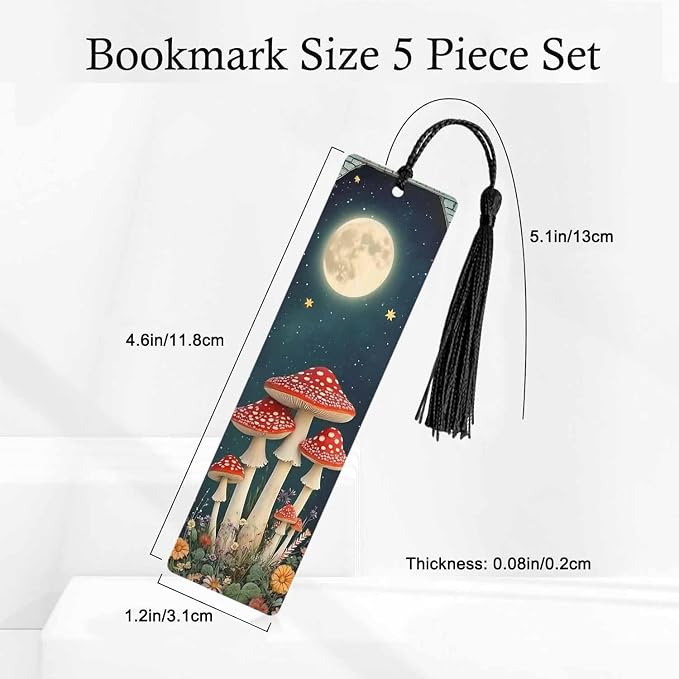 Mushroom Bookmarks 5 Pcs Moon Night Star Flower Wooden Bookmark with Tassels for Reading Book Lovers Gift Office School Readers Teacher