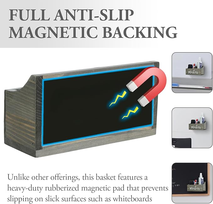 MyGift Magnetic Mount Vintage Gray Solid Wood Dry Erase Marker and Eraser Holder with 2 Compartments, Desktop Office Supplies Storage Organizer Bin with White Cursive Marker Lettering