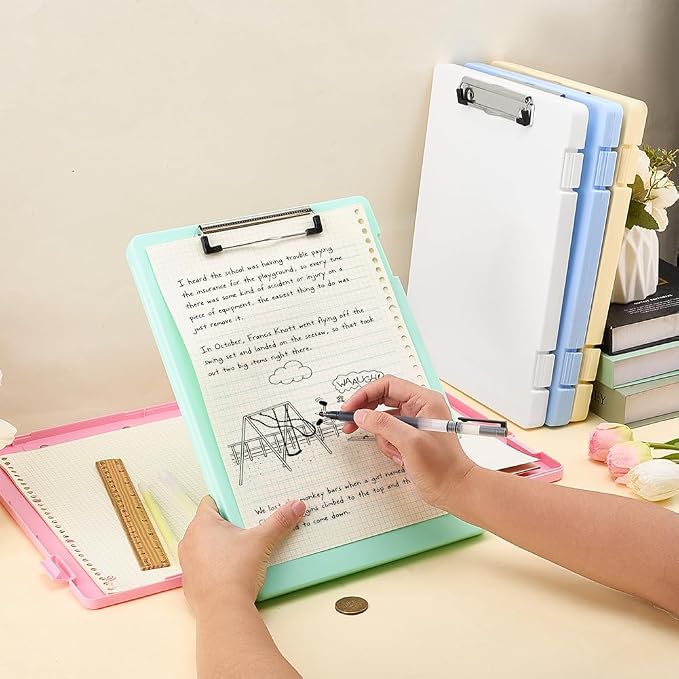 FINGERINSPIRE 5PCS A4 Paper Organizer Box 9.25x12.8x0.98inch Plastic Clipboards Storage Box 5 Colors Rectangle File Storage Writing Pad Document Organizer for Home Office Travel Supplies