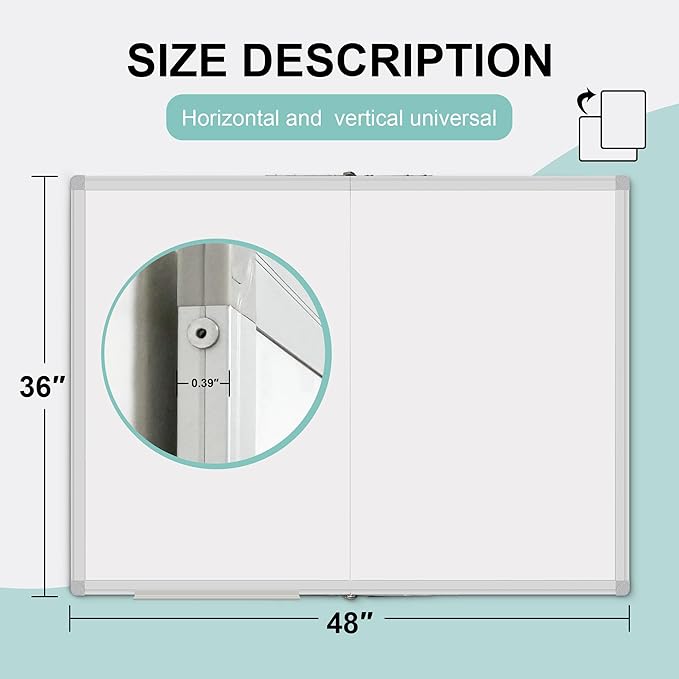 Dry Erase White Board 48 X 36 Inch, Wall-Mounted Silver Aluminum Frame Marker Presentation Board, 4' X 3' Foldable Portable Whiteboard with Pen Tray for School, Classroom, Office & Home