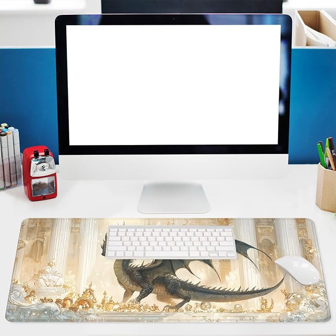 Fantasy Beast Desk Pad Mouse Pad Golden Palace Epic Dragon Large Gaming Mouse Mat with Stitched Edges,Non-Slip Waterproof Rubber Base Mous Mat Office Computer Keyboard Laptop Home 31.5"x11.8"