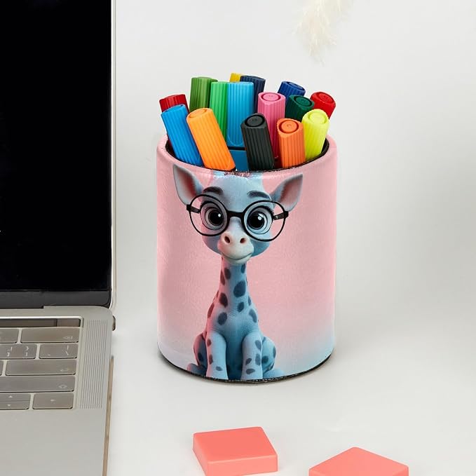 Leather Pen Holder for Desk, Cute Giraffe Makeup Brushes Holder Pencil Cup Multifunctional Desktop Organizer Caddy for Home School Office Desk Accessories