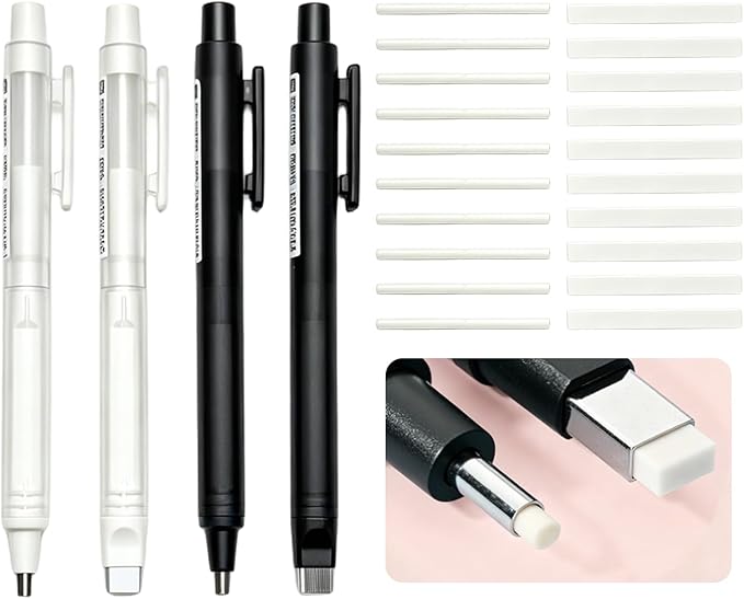 4 Pack Retractable Mechanical Eraser Pen Set (2 Black, 2 White) with 20 Refills (10 Rectangular,10 Round Tips), Precision Erasers for Artists Drawing, Office & Students