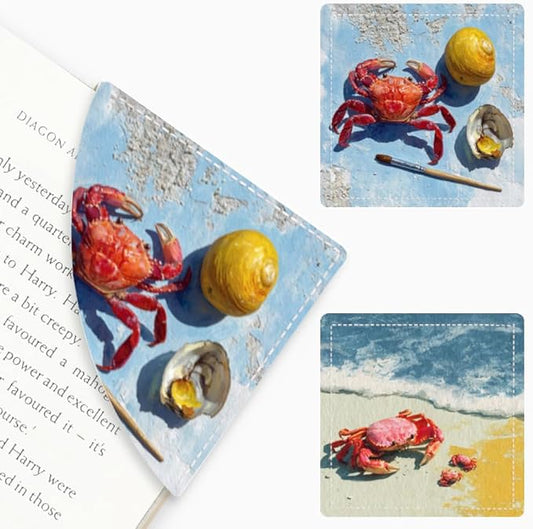 2PCS PU Leather Bookmarks 3.5x3.5 Inch Crab Seashell Ocean Design | PU leather bookmarks with red crab seashell design for beach novels, travel notes, art journals, ocean fans and readers.