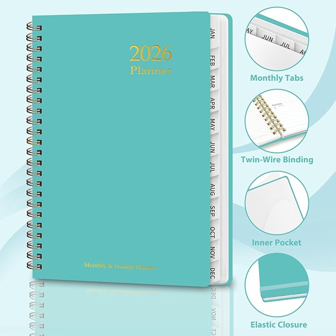2026 Planner, Weekly and Monthly Calendar Planner, Academic Daily Agenda (Jan 2026 - Dec 2026), Hardcover Planning Notebook for Office Accessories and School Supplies, 8.5" x 11", Light Turquoise