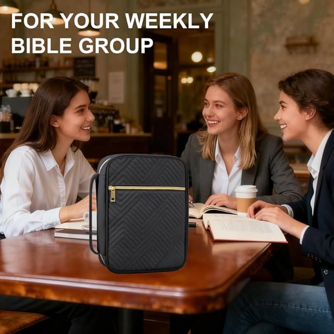 Bible Cover Case for Women, Quilted Large Handle Vegan Leather Bible Bags with Bible Study Supplies Accessories Church,Classroom,Campus,Neighborhood Association (Vintage Black,M/L)