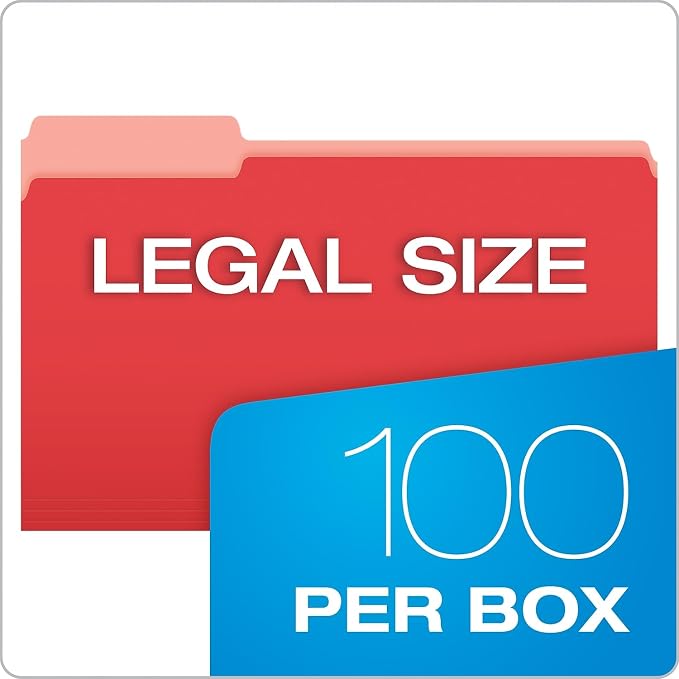 Pendaflex 435013RED Interior File Folders, 1/3 Cut Top Tab, Legal, Red (Box of 100)