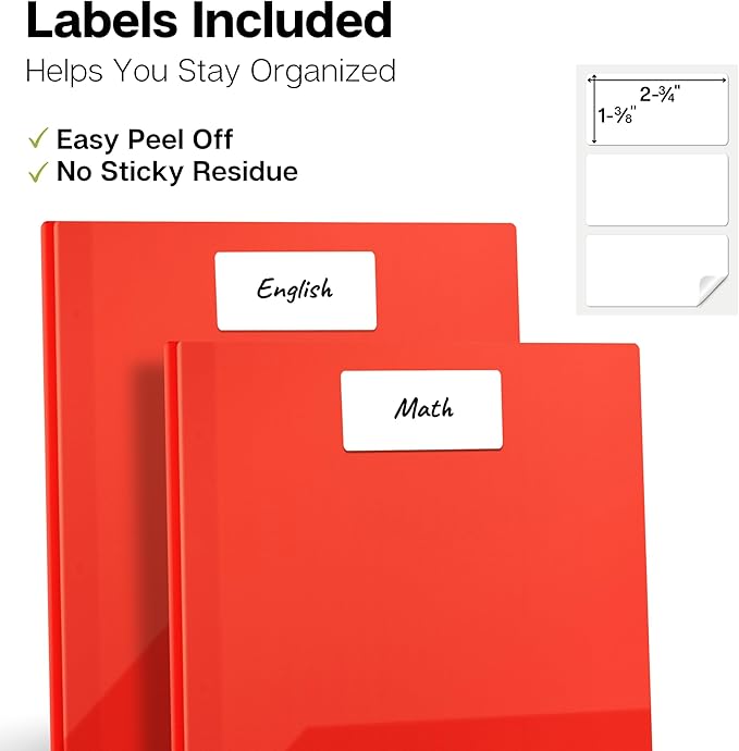 Dunwell Plastic 2-Pocket Folders with 3 Prongs, (2 Pack, Red), Durable Acid-Free Poly is Cleanable, Tear Resistant, 3-Clasp Document Holder, Labels Included