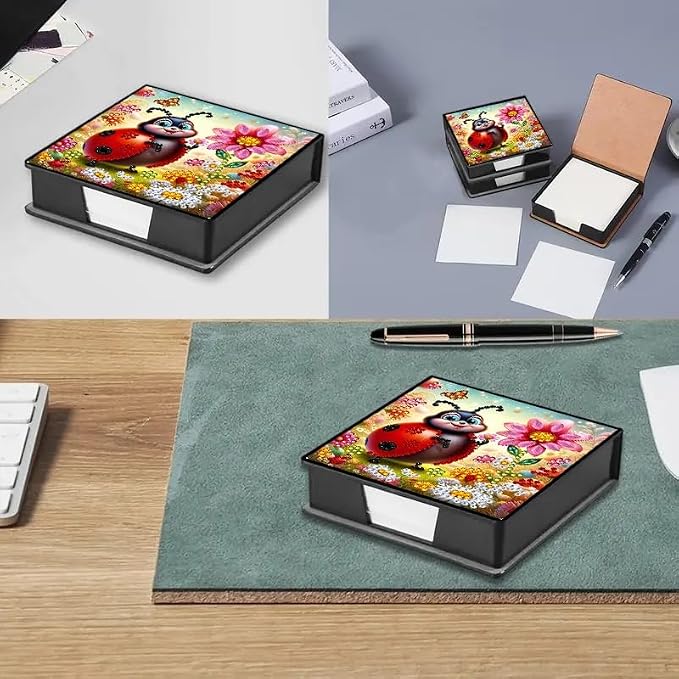 Ladybug Diamond Painting Note Box Memo Pad Holder, Diamond Art Sticky Notes Organizer for Desk, Aesthetic Stationery Storage Case for Office,School Supplies (Ladybug)