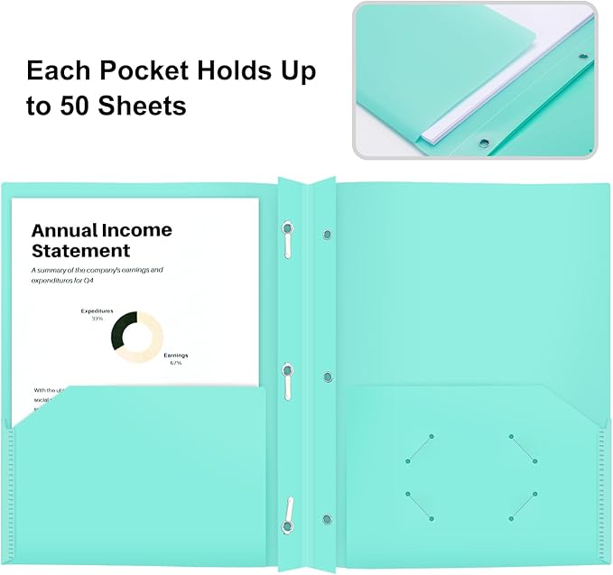 ViVin 12-Pack Pastel Color Folders - Durable Plastic Folders with 2 Pockets and 3-Prong Fasteners, Cute for School, Home and Office (Light Green)