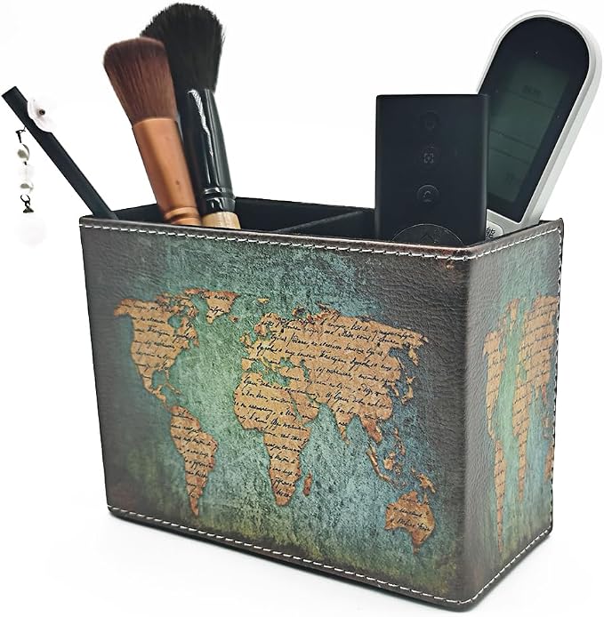 Pen Holder, Rectangle Vintage Pencil Holder with 2 Compartments, PU Leather Art Remote Control Holder Organizer Storage for Desk Accessory (World Map)